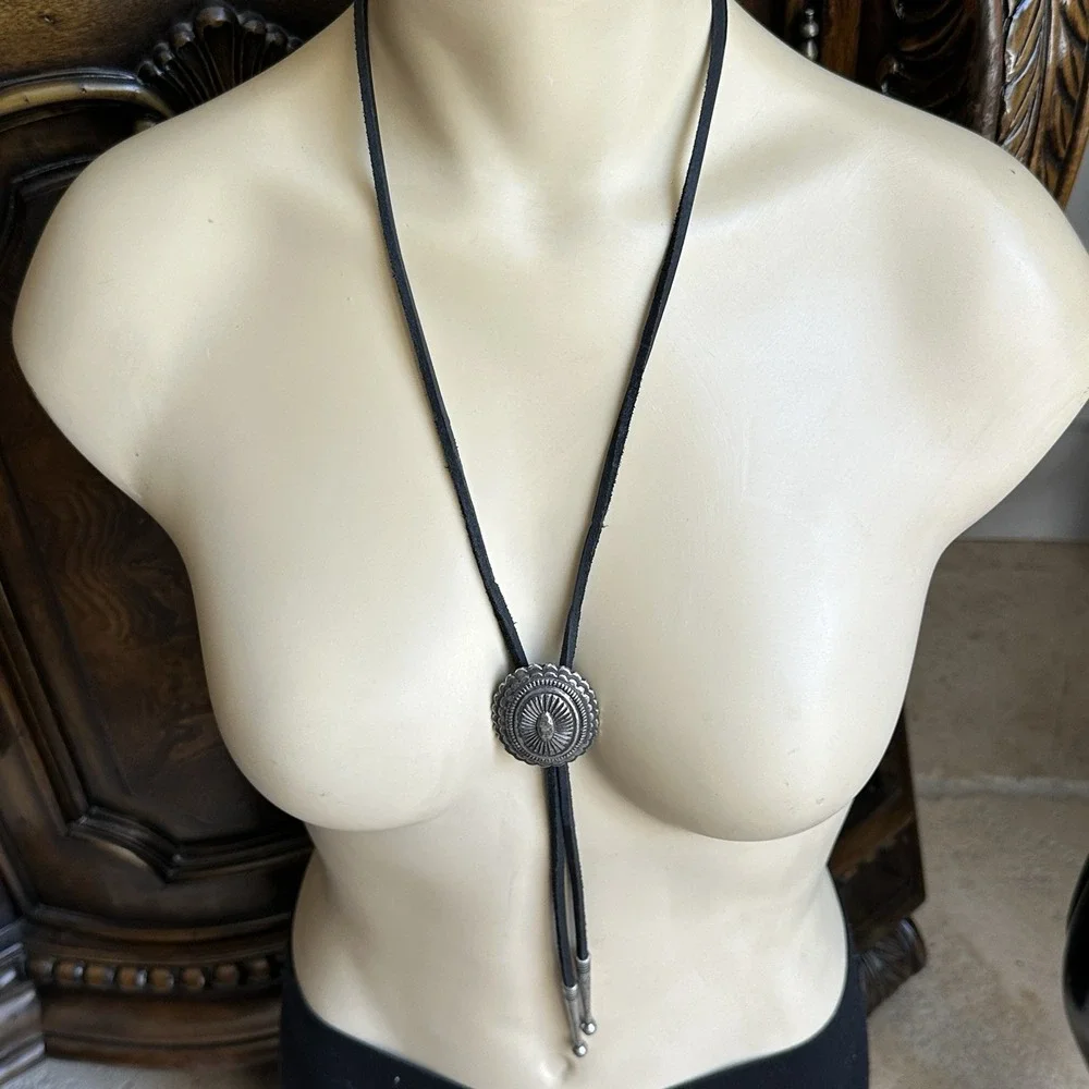 Vintage Western Bolo Tie 40 Inch Silver Plated Brass Concho Black Leather Cord